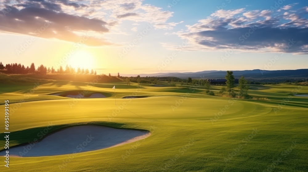 Fototapeta premium Golf course at sunset, beautiful sky