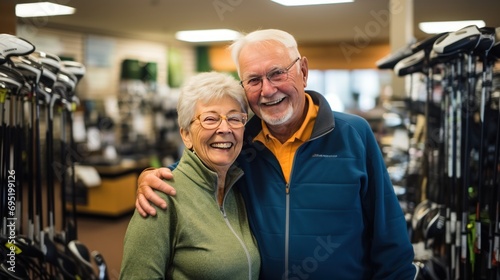 Smiling elderly couple looking at camera in golf equipment shop