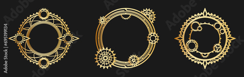 Round openwork frames in the shape of a gear with decorative cogwheels. Golden elements, isolated on a black background. Mechanism. Steampunk. Vector set for a stylish greeting card design, decoration