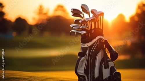 Golf clubs from a golf bag to play competitive games on the course photo