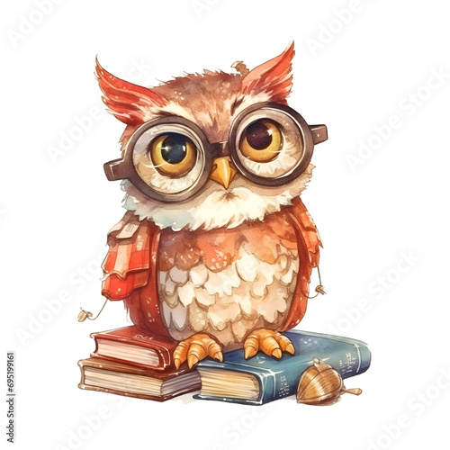 Watercolor cute clipart owl in glasses reading a book on transparent background. sublimation, tshirt, mug, pillow, tumbler, print