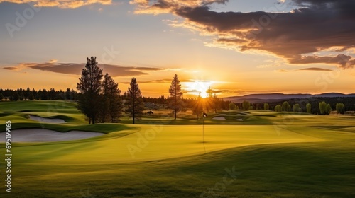 Golf course at sunset, beautiful sky