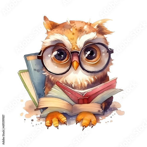 Watercolor cute clipart owl in glasses reading a book on transparent background. sublimation, tshirt, mug, pillow, tumbler, print