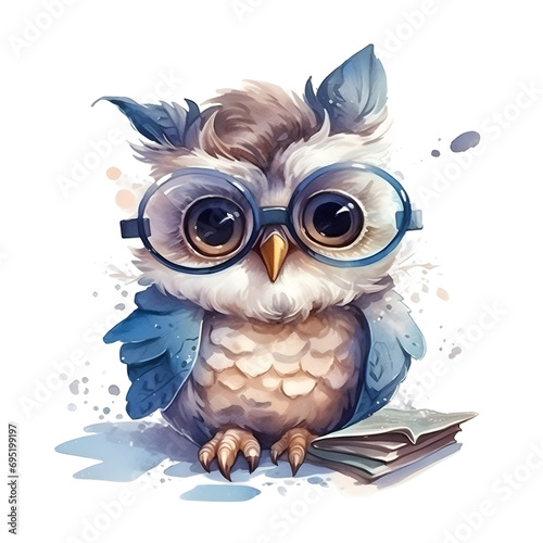 Watercolor cute clipart owl in glasses reading a book on transparent background. sublimation, tshirt, mug, pillow, tumbler, print