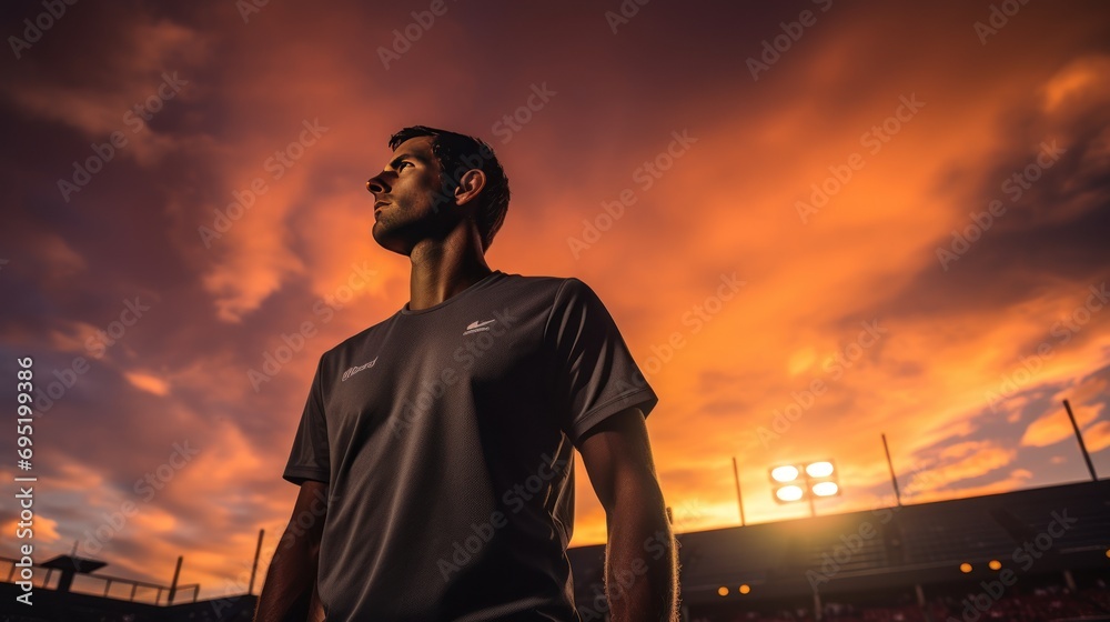 Fototapeta premium Professional tennis player. Court lights. Beautiful sky.
