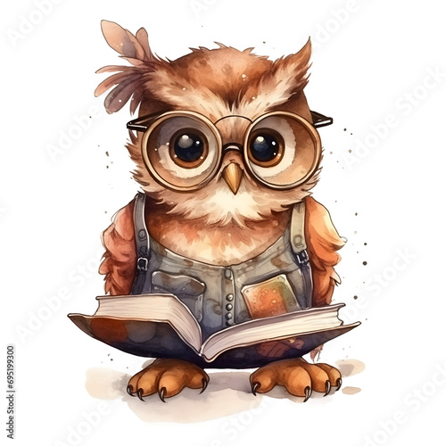 Watercolor cute clipart owl in glasses reading a book on transparent background. sublimation, tshirt, mug, pillow, tumbler, print