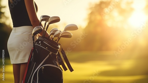Professional female golfer takes golf clubs from golf bag to play a competitive game on the course. photo