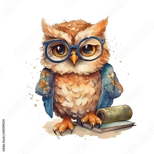 Watercolor cute clipart owl in glasses reading a book on transparent background. sublimation, tshirt, mug, pillow, tumbler, print