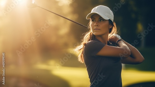Professional female golfer wears sportswear in golf tournament at golf course in beautiful pose. photo