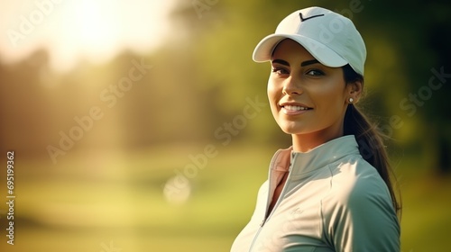 Professional female golfer wears sportswear in golf tournament at golf course in beautiful pose.