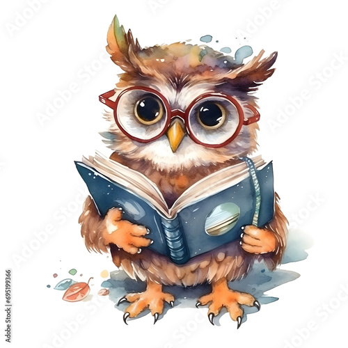 Watercolor cute clipart owl in glasses reading a book on transparent background. sublimation, tshirt, mug, pillow, tumbler, print