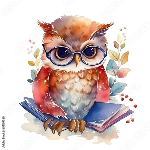 Watercolor cute clipart owl in glasses reading a book on transparent background. sublimation, tshirt, mug, pillow, tumbler, print