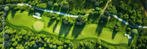 Sunny top view, aerial view of green golf course. The standard of the future