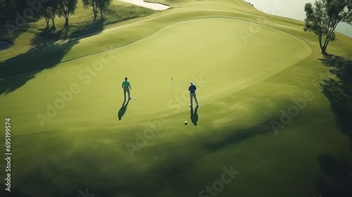Top view of two men playing golf on a sunny summer day. Green golf course aerial view