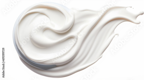 A description of a white cosmetic cream isolated on a white background, presented as a swatch or stroke photo