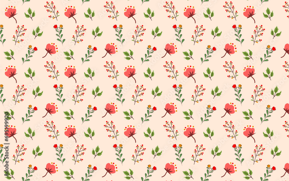 seamless pattern with pink flowers and green leaf