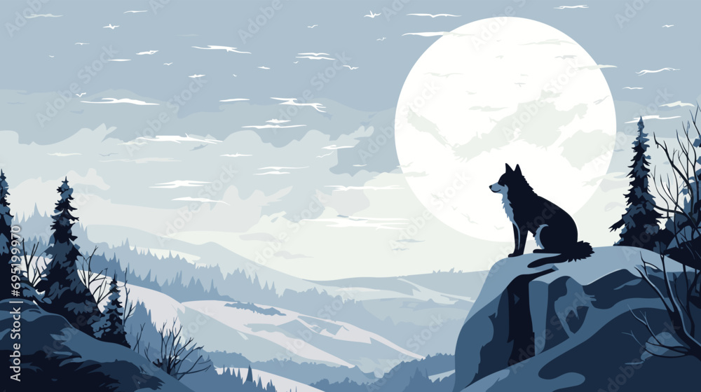 Obraz premium vector artwork capturing the mystique of a moonlit heath in winter. a lone wolf, is meticulously designed with sleek lines and minimalistic detail, standing out against the snow-covered landscape.