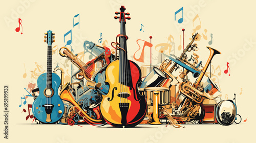 Music Vector Instruments vector composition featuring a variety of musical instruments like guitars, pianos, and saxophones. Color musical instrument colors and harmonious musical notes