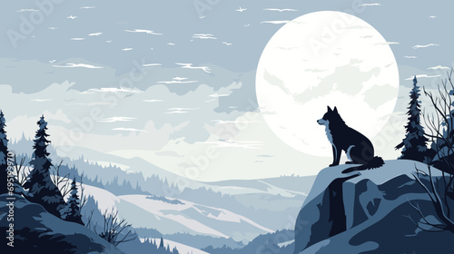 vector artwork capturing the mystique of a moonlit heath in winter. a lone wolf, is meticulously designed with sleek lines and minimalistic detail, standing out against the snow-covered landscape.