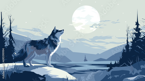 vector artwork capturing the mystique of a moonlit heath in winter. a lone wolf, is meticulously designed with sleek lines and minimalistic detail, standing out against the snow-covered landscape.