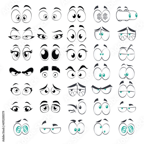 Cartoon faces. Expressive eyes and mouth, smiling, crying and surprised character face expressions. Caricature comic emotions or emoticon doodle. Isolated vector illustration icons bundle. Eye bundle.