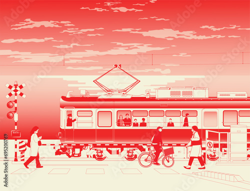 Japan, tourism poster template. Japan Railway system in modern stylish illustration. A tram-train in kanagawa Japan. Light rail vehicle. Japanese. translation: Caution and no entry.