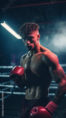 Sportsman muay thai boxer fighting in gloves in boxing cage. Isolated on black background with smoke. © Kowit