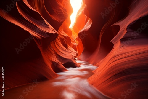 A series of terracotta-hued slot canyons, with intricate patterns carved by wind and water, illuminated by the soft light of dawn