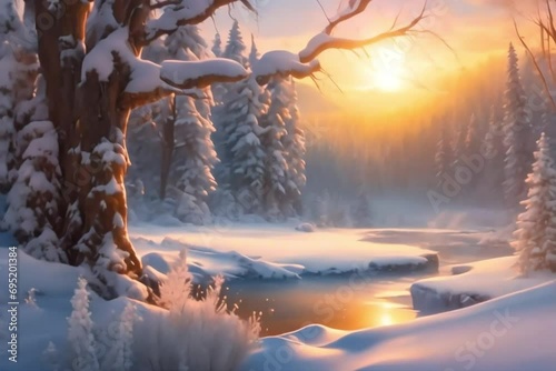 forest in winter frozen waterfall lights sunset Generative AI. Virtual video scene animated background photo