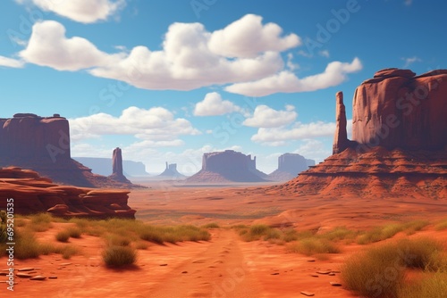 A vast expanse of red rock formations and mesas in a desert  with the warm hues intensifying under the midday sun