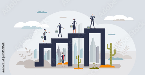 Career advancement and business progress development tiny person concept. Work achievement, professional growth opportunity and improvement vector illustration. Job promotion and challenges for rise.
