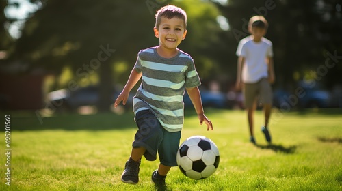 happy little boy playing a game of soccer with friends in a neighborhood park. delightful children's leisure time. generative AI