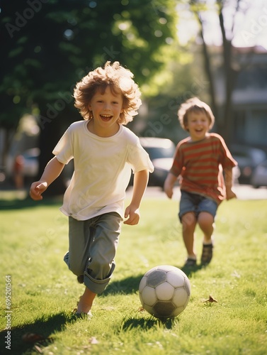 happy little boy playing a game of soccer with friends in a neighborhood park. delightful children's leisure time. generative AI