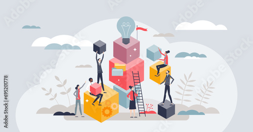 Career building blocks as professional development tiny person concept. Business success with colleague unity and cooperation vector illustration. Effective leadership with smart skills improvement.