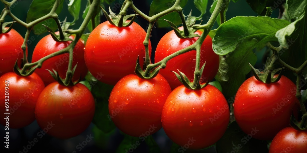 Ripe juicy red tomatoes in the greenhouse