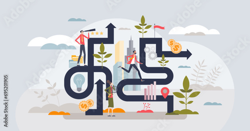 Career exploration for new professional opportunities tiny person concept. Successful businessman strategy and planning process with future obstacles, solutions and vision vector illustration. photo