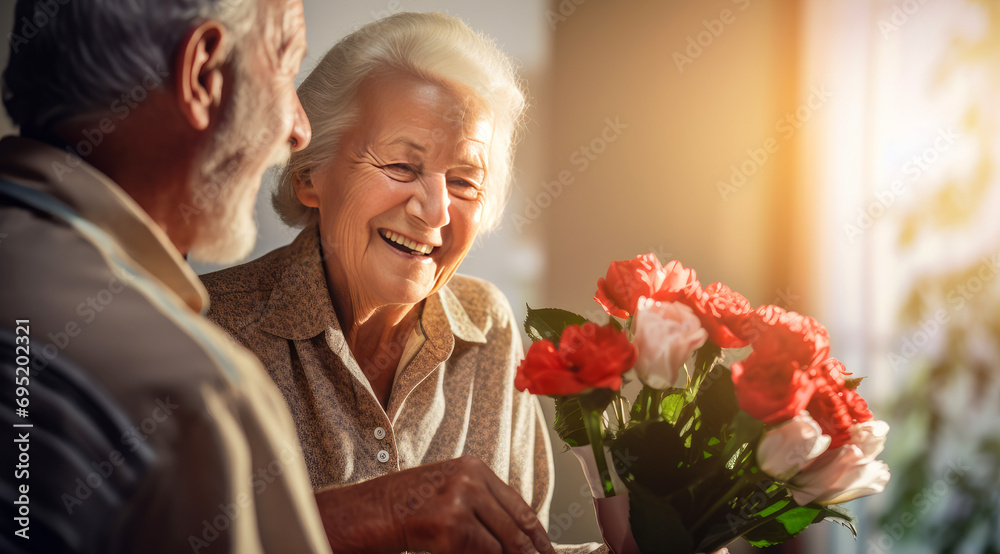 Gorgeous, happy, smiling, handsome, sweet, elderly couple. A gray-haired husband gives a large bouquet of red roses to his happy, laughing wife in the house near the window. Gorgeous, happy, smiling, handsome, sweet, elderly couple. A gray-haired husband gives a large bouquet of red roses to his happy, laughing wife in the house near the window.