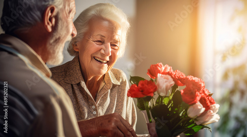Gorgeous, happy, smiling, handsome, sweet, elderly couple. A gray-haired husband gives a large bouquet of red roses to his happy, laughing wife in the house near the window. photo
