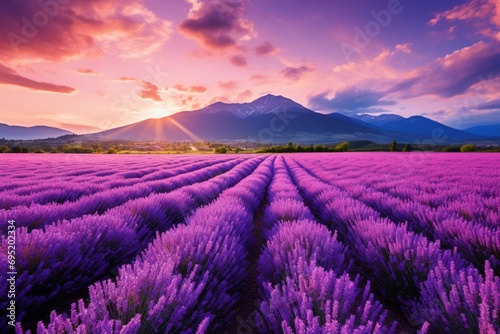 A field of lavender in full bloom, stretching as far as the eye can see, with a distant mountain range on the horizon