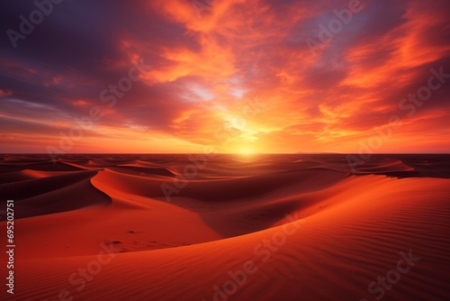 A fiery red and orange sky over a vast desert, with towering sand dunes casting long shadows in the fading light