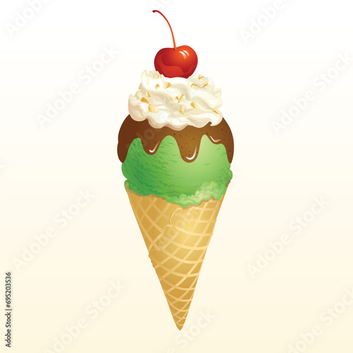 Green tea Ice cream cone with red bean jam and cherry.