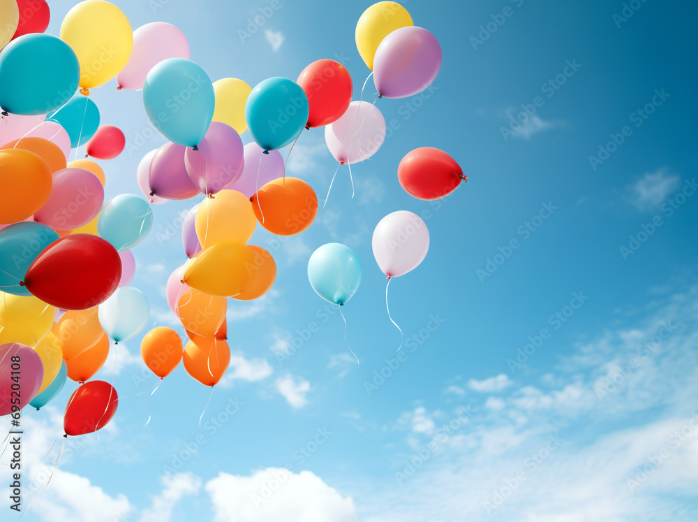 Balloons Soaring in Blue Sky with Fluffy Clouds Balloons Soaring in Blue Sky with Fluffy Clouds