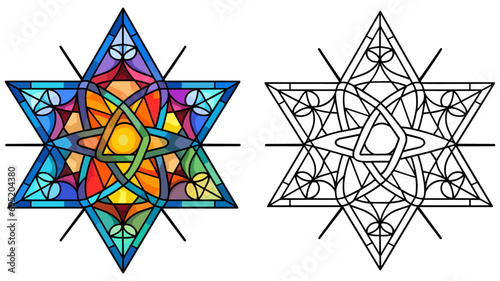 Star of David in the Style of Stained Glass with Presents Coloring Page and Cover Design Vector