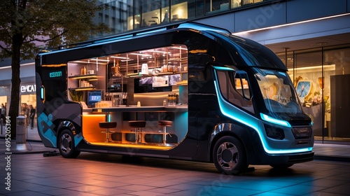 A futuristic food truck representing the future of fast food and food delivery , advancement in automobile