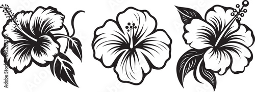 Hibiscus Flower Linear Black and White Icon, Tattoo. Hibiscus Flowers Isolated. Chinese Rose Set. Floral Design Elements.