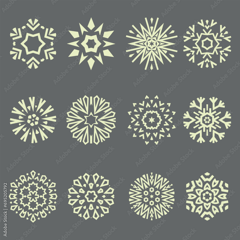 Snowflakes icon collection. Graphic modern gray ornament Snowflakes icon collection. Graphic modern gray ornament