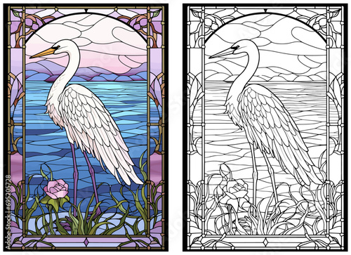 White Egret in the Lake Stained Glass Style with Presents Coloring Page and Cover Design Vector