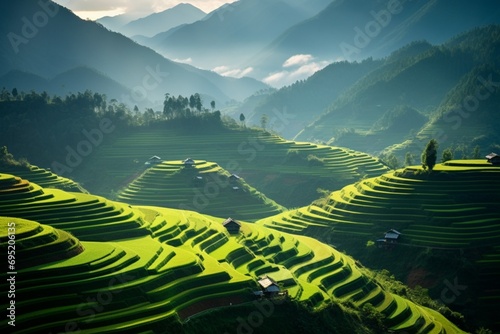 A series of terraced rice paddies on the slopes of a lush, green mountain, bathed in soft afternoon light © Ijaz