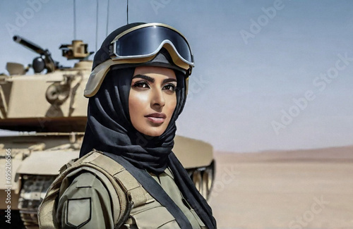 portrait of an Arab woman in military uniform and hijama against the background of a tank in the desert, looking at the camera © Ola