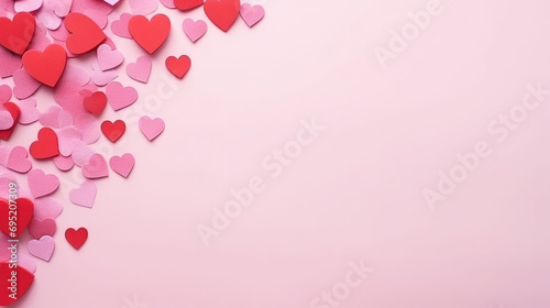 Background flat lay Valentine theme decoration with copy space solid color background. 3D illustration pink and red heart shape object element on pink background. © Davin
